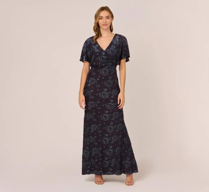 Long Dresses Womens Adrianna Papell Floral Burnout Velvet Long Blouson Gown In Midnight Long Dresses Womens Adrianna Papell Floral Burnout Velvet Long Blouson Gown In Midnight