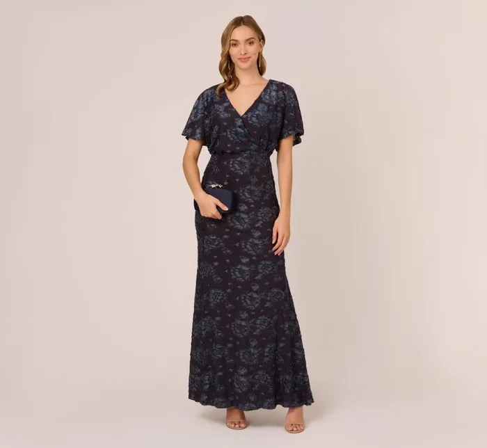 Long Dresses Womens Adrianna Papell Floral Burnout Velvet Long Blouson Gown In Midnight