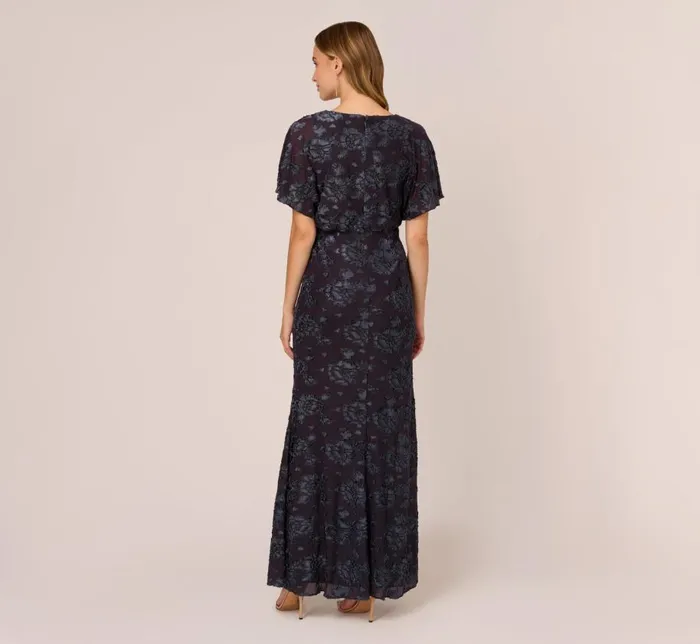 Long Dresses Womens Adrianna Papell Floral Burnout Velvet Long Blouson Gown In Midnight