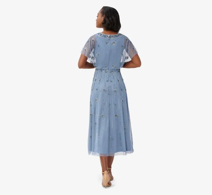 Long Dresses Womens Adrianna Papell Floral HandBeaded AnkleLength Blouson Dress In Vintage Blue