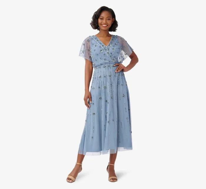 Long Dresses Womens Adrianna Papell Floral HandBeaded AnkleLength Blouson Dress In Vintage Blue