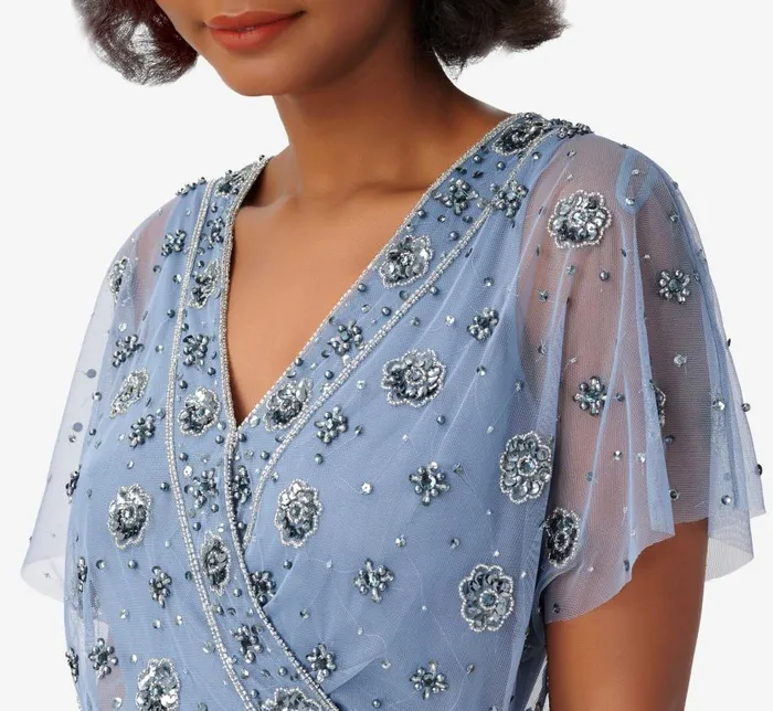 Long Dresses Womens Adrianna Papell Floral HandBeaded AnkleLength Blouson Dress In Vintage Blue
