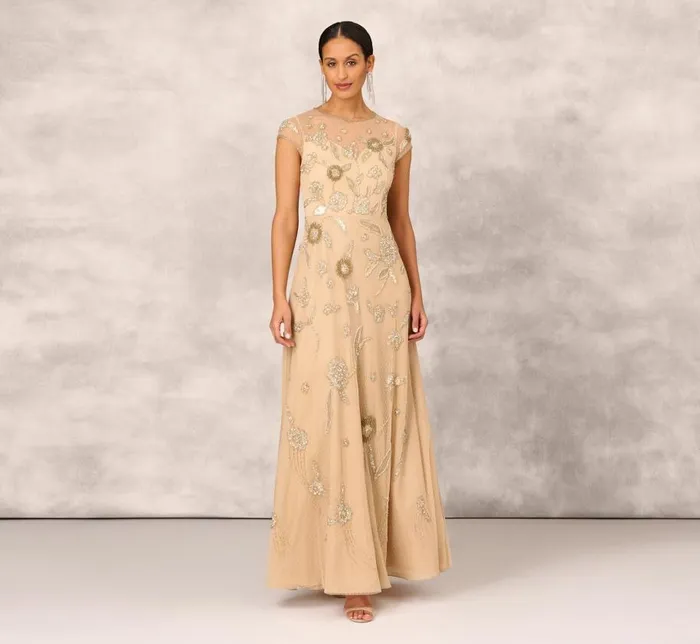 Long Dresses Womens Adrianna Papell Floral HandBeaded Point D Sprit Mesh Illusion Gown In Light Gold Long Dresses Womens Adrianna Papell Floral HandBeaded Point D Sprit Mesh Illusion Gown In Light Gold