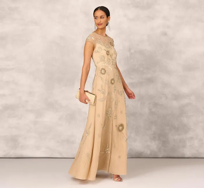 Long Dresses Womens Adrianna Papell Floral HandBeaded Point D Sprit Mesh Illusion Gown In Light Gold