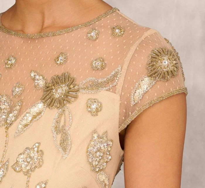 Long Dresses Womens Adrianna Papell Floral HandBeaded Point D Sprit Mesh Illusion Gown In Light Gold