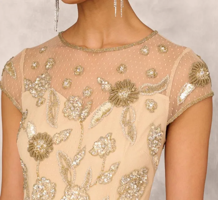Long Dresses Womens Adrianna Papell Floral HandBeaded Point D Sprit Mesh Illusion Gown In Light Gold