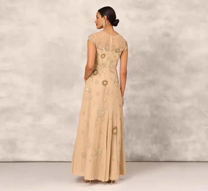 Long Dresses Womens Adrianna Papell Floral HandBeaded Point D Sprit Mesh Illusion Gown In Light Gold