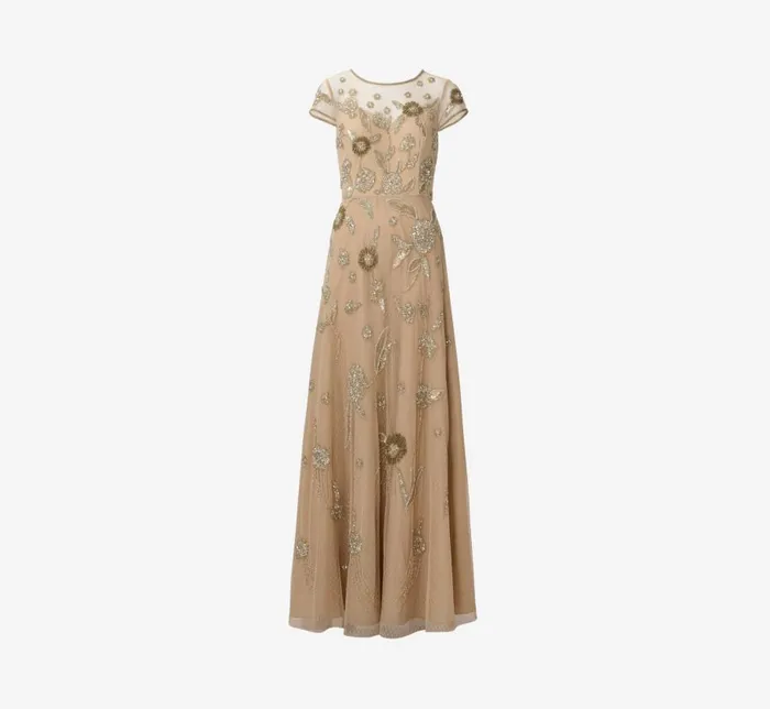 Long Dresses Womens Adrianna Papell Floral HandBeaded Point D Sprit Mesh Illusion Gown In Light Gold