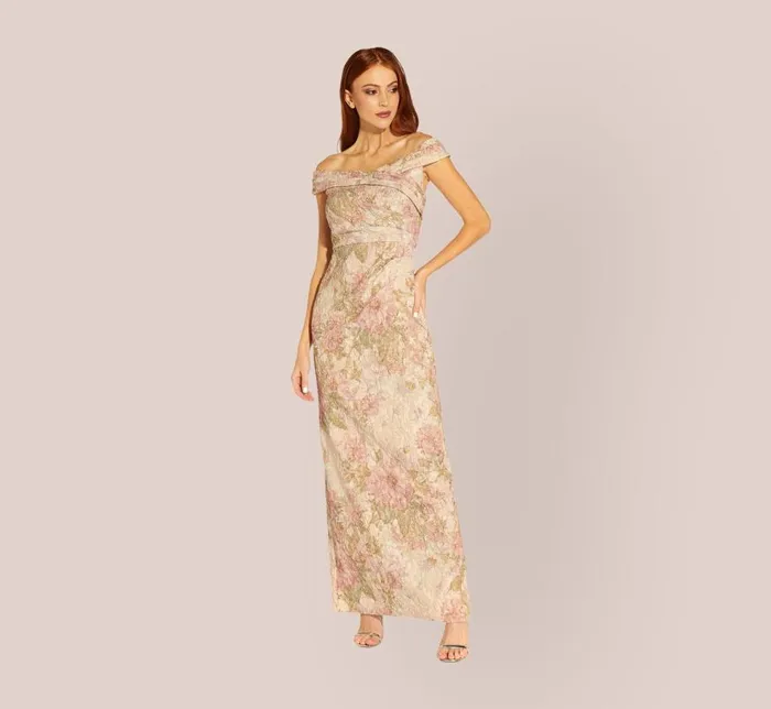 Long Dresses Womens Adrianna Papell Floral OffTheShoulder Matelasse Column Gown In Rose Multi