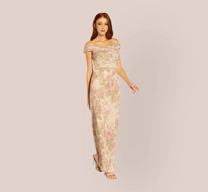 Long Dresses Womens Adrianna Papell Floral OffTheShoulder Matelasse Column Gown In Rose Multi