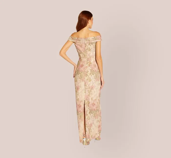 Long Dresses Womens Adrianna Papell Floral OffTheShoulder Matelasse Column Gown In Rose Multi