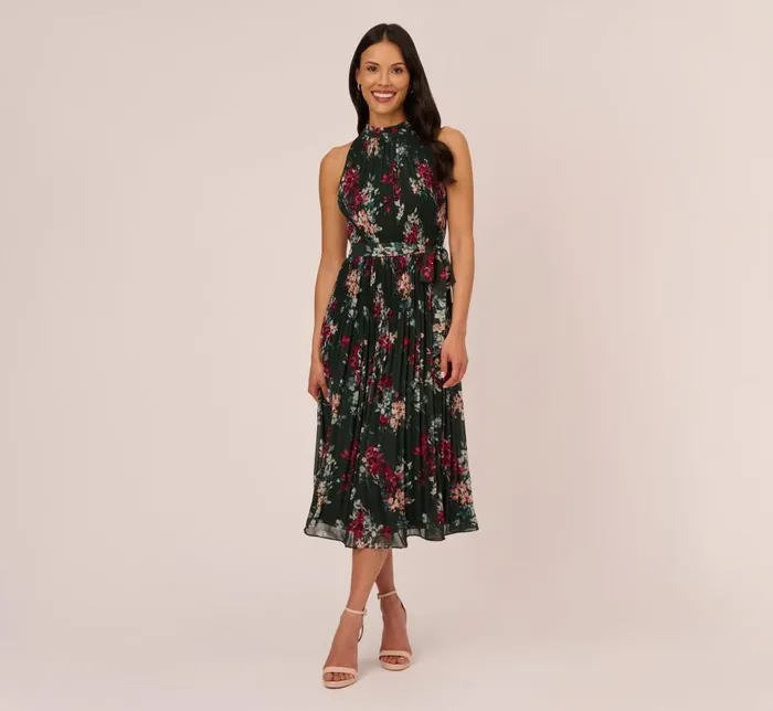 Long Dresses Womens Adrianna Papell Floral Pleated Chiffon Dress With Mock Neckline In Hunter Multi Long Dresses Womens Adrianna Papell Floral Pleated Chiffon Dress With Mock Neckline In Hunter Multi