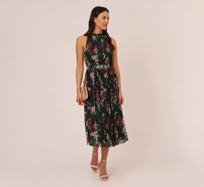 Long Dresses Womens Adrianna Papell Floral Pleated Chiffon Dress With Mock Neckline In Hunter Multi