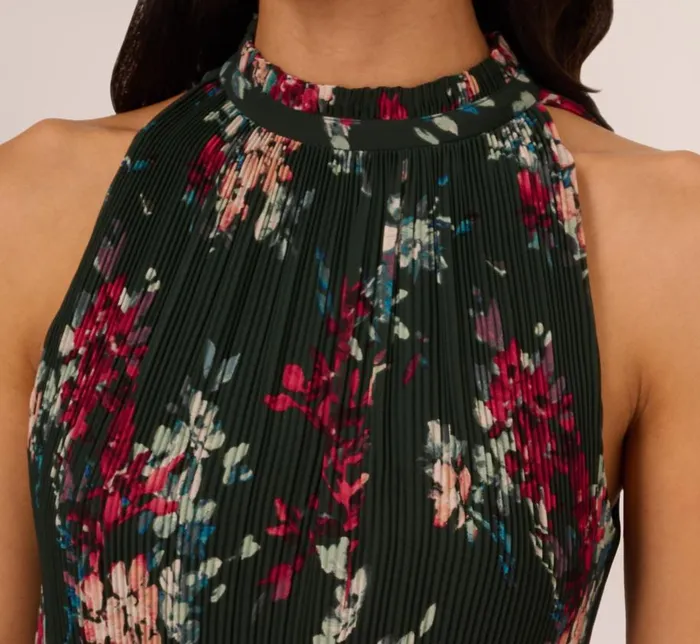 Long Dresses Womens Adrianna Papell Floral Pleated Chiffon Dress With Mock Neckline In Hunter Multi