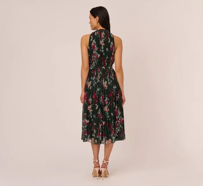 Long Dresses Womens Adrianna Papell Floral Pleated Chiffon Dress With Mock Neckline In Hunter Multi