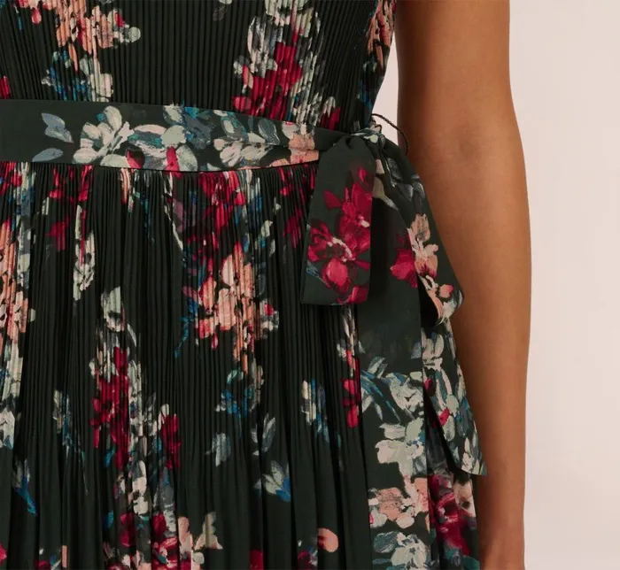 Long Dresses Womens Adrianna Papell Floral Pleated Chiffon Dress With Mock Neckline In Hunter Multi