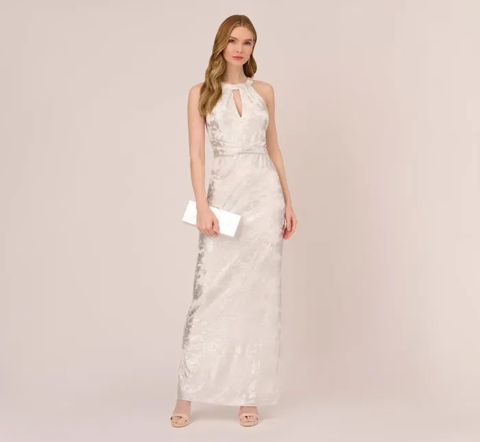 Long Dresses Womens Adrianna Papell Foil Floral Embroidered Column Gown With Halter Neck In Ivory Silver Long Dresses Womens Adrianna Papell Foil Floral Embroidered Column Gown With Halter Neck In Ivory Silver