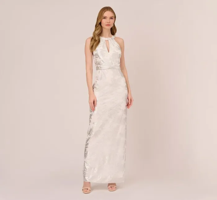 Long Dresses Womens Adrianna Papell Foil Floral Embroidered Column Gown With Halter Neck In Ivory Silver