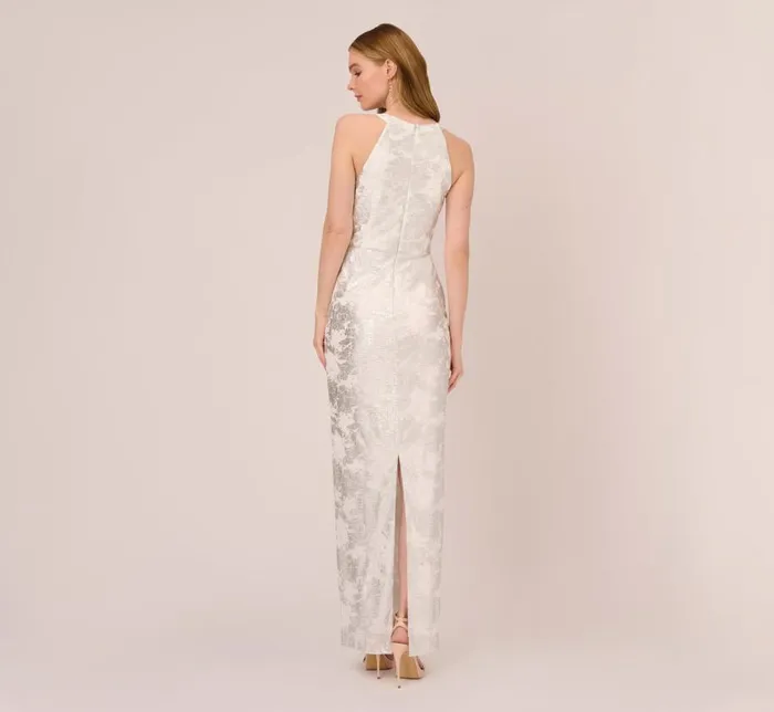 Long Dresses Womens Adrianna Papell Foil Floral Embroidered Column Gown With Halter Neck In Ivory Silver