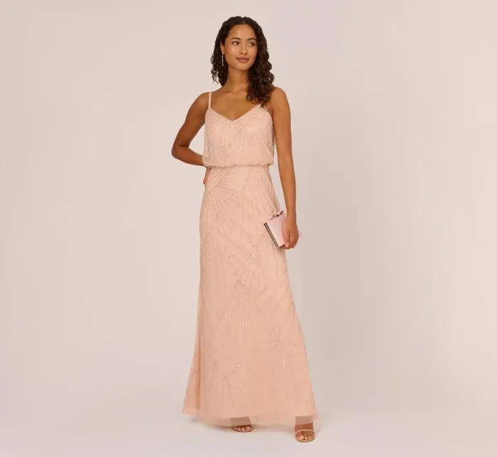 Long Dresses Womens Adrianna Papell HandBeaded Blouson Long Sleeveless Gown In Blush