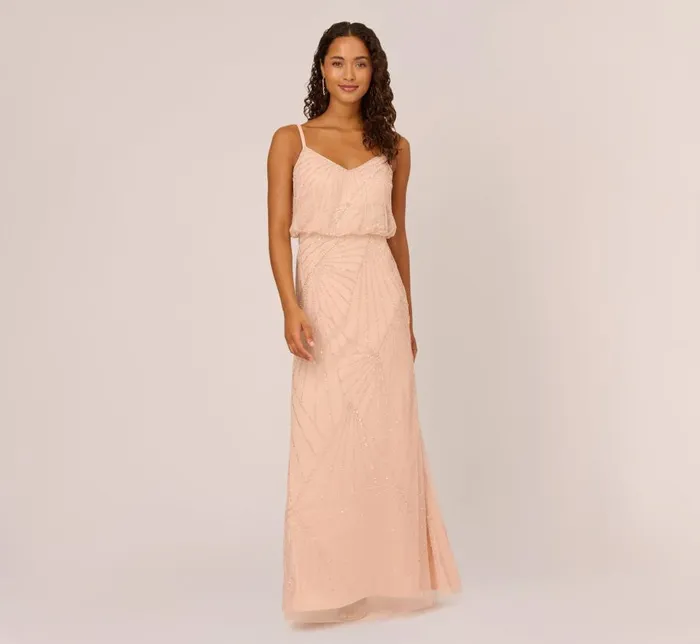 Long Dresses Womens Adrianna Papell HandBeaded Blouson Long Sleeveless Gown In Blush