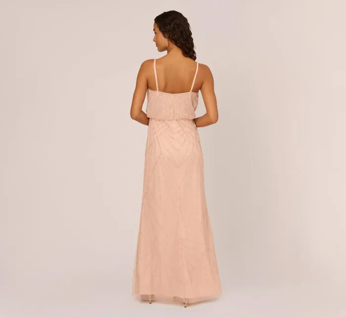 Long Dresses Womens Adrianna Papell HandBeaded Blouson Long Sleeveless Gown In Blush