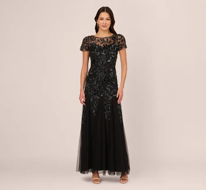 Long Dresses Womens Adrianna Papell Hand Beaded Short Sleeve Floral Godet Gown In Black Gunmetal Long Dresses Womens Adrianna Papell Hand Beaded Short Sleeve Floral Godet Gown In Black Gunmetal