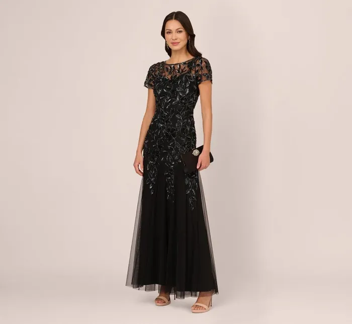 Long Dresses Womens Adrianna Papell Hand Beaded Short Sleeve Floral Godet Gown In Black Gunmetal