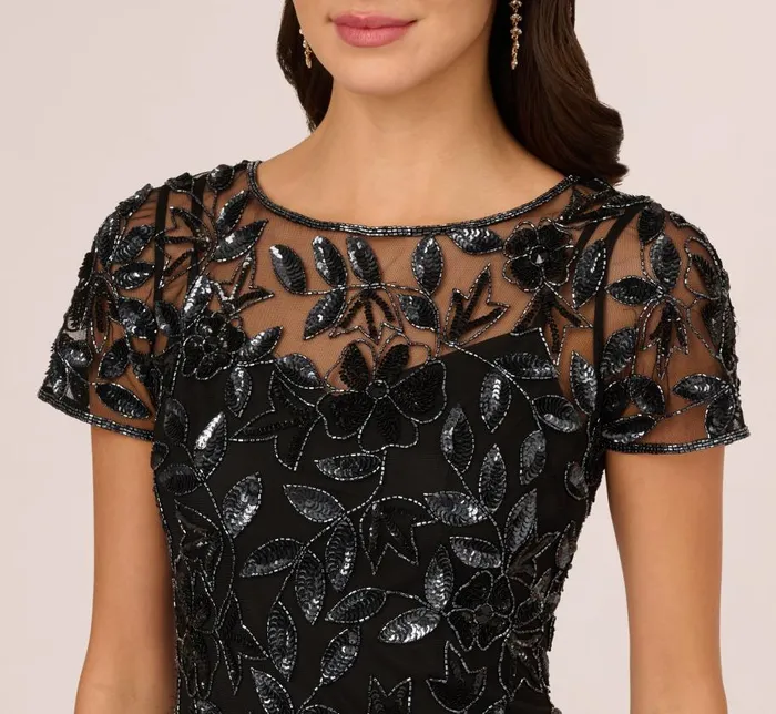 Long Dresses Womens Adrianna Papell Hand Beaded Short Sleeve Floral Godet Gown In Black Gunmetal