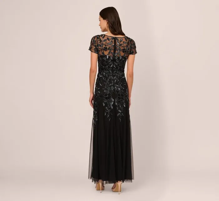 Long Dresses Womens Adrianna Papell Hand Beaded Short Sleeve Floral Godet Gown In Black Gunmetal
