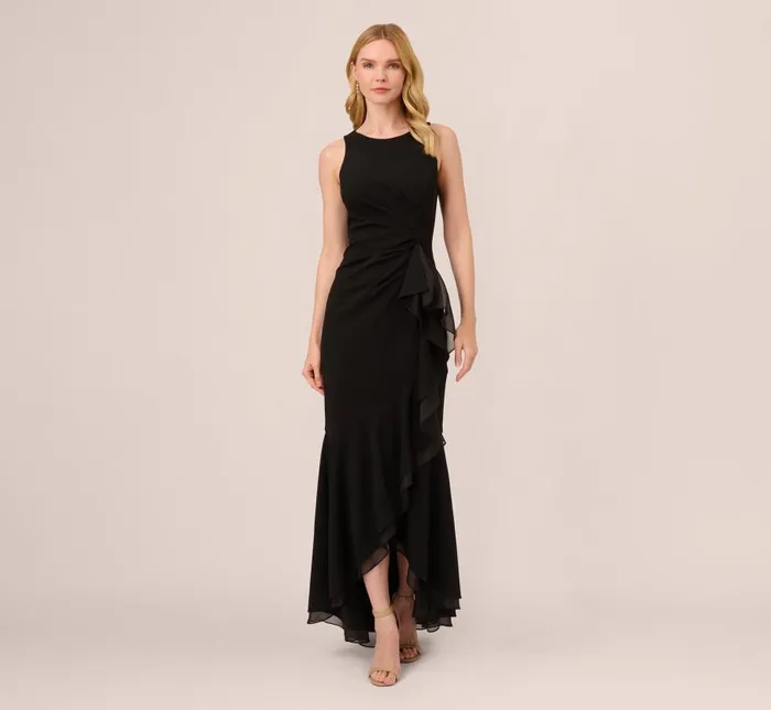 Long Dresses Womens Adrianna Papell High Low Crepe Halter Gown With Organza Draping In Black Long Dresses Womens Adrianna Papell High Low Crepe Halter Gown With Organza Draping In Black