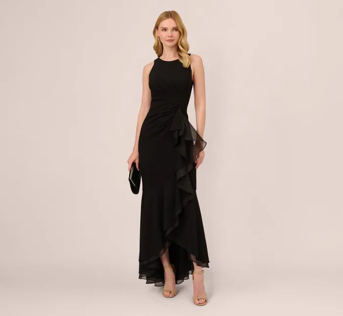 Long Dresses Womens Adrianna Papell High Low Crepe Halter Gown With Organza Draping In Black