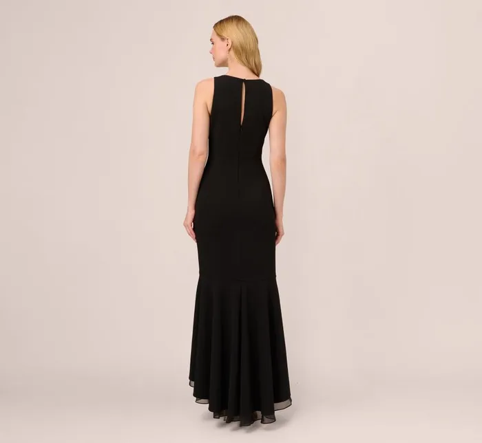 Long Dresses Womens Adrianna Papell High Low Crepe Halter Gown With Organza Draping In Black