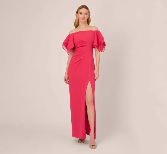 Long Dresses Womens Adrianna Papell Knit Crepe And Organza Off The Shoulder Long Column Gown With Tiered Sleeves In Pink Lotus