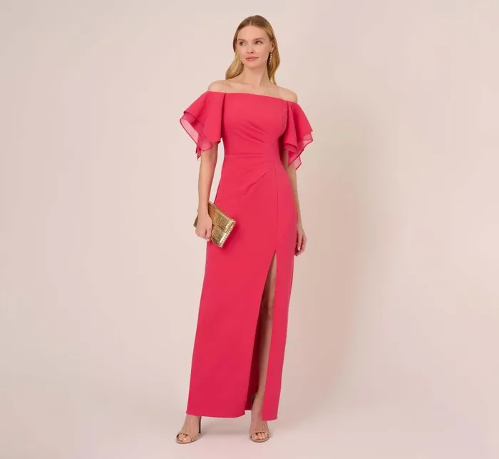 Long Dresses Womens Adrianna Papell Knit Crepe And Organza Off The Shoulder Long Column Gown With Tiered Sleeves In Pink Lotus