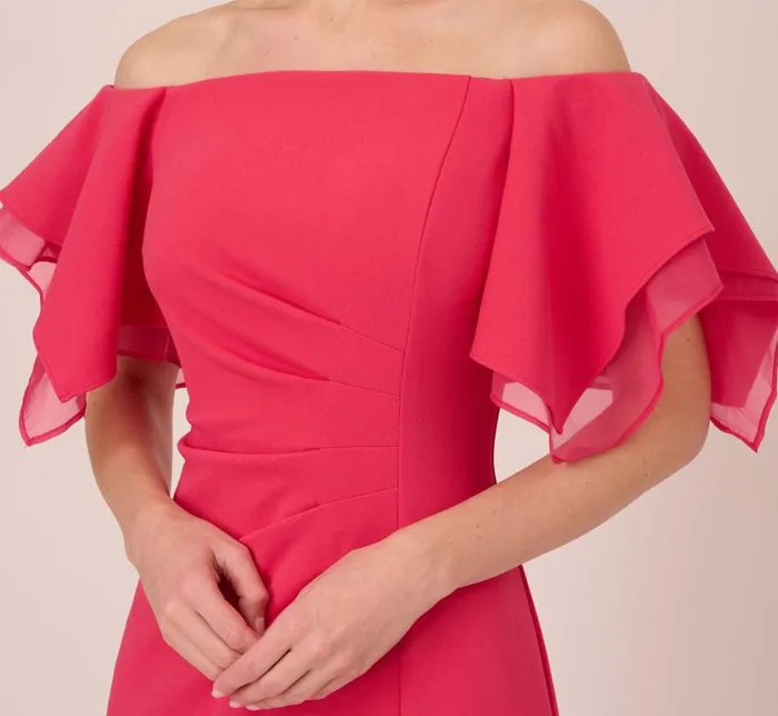 Long Dresses Womens Adrianna Papell Knit Crepe And Organza Off The Shoulder Long Column Gown With Tiered Sleeves In Pink Lotus