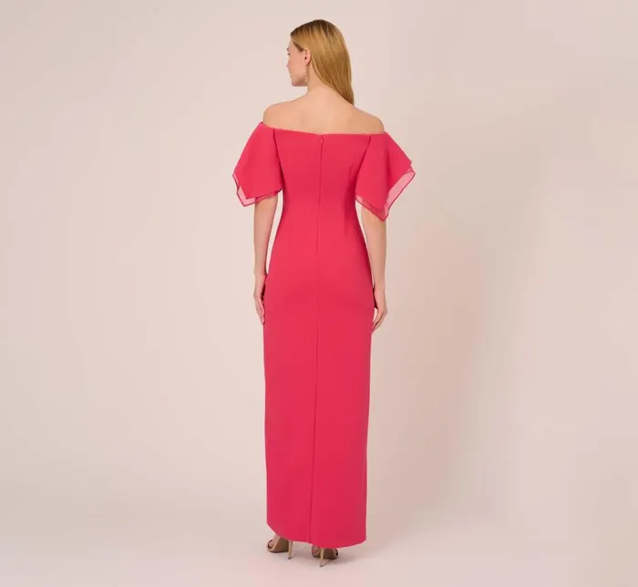 Long Dresses Womens Adrianna Papell Knit Crepe And Organza Off The Shoulder Long Column Gown With Tiered Sleeves In Pink Lotus