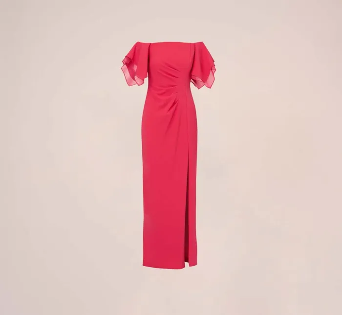 Long Dresses Womens Adrianna Papell Knit Crepe And Organza Off The Shoulder Long Column Gown With Tiered Sleeves In Pink Lotus