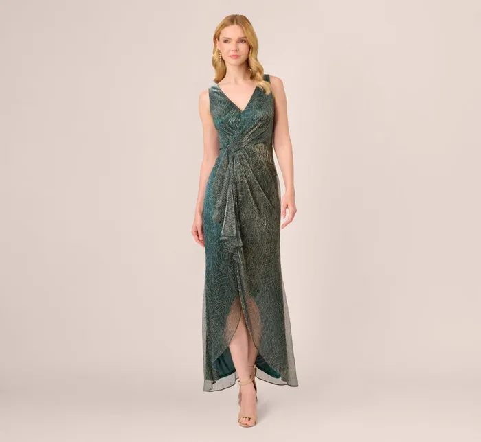 Long Dresses Womens Adrianna Papell Metallic Mesh Faux Wrap Gown With Ruffle Accents In Evergreen Long Dresses Womens Adrianna Papell Metallic Mesh Faux Wrap Gown With Ruffle Accents In Evergreen