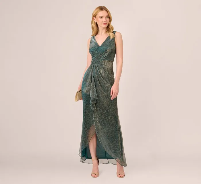 Long Dresses Womens Adrianna Papell Metallic Mesh Faux Wrap Gown With Ruffle Accents In Evergreen