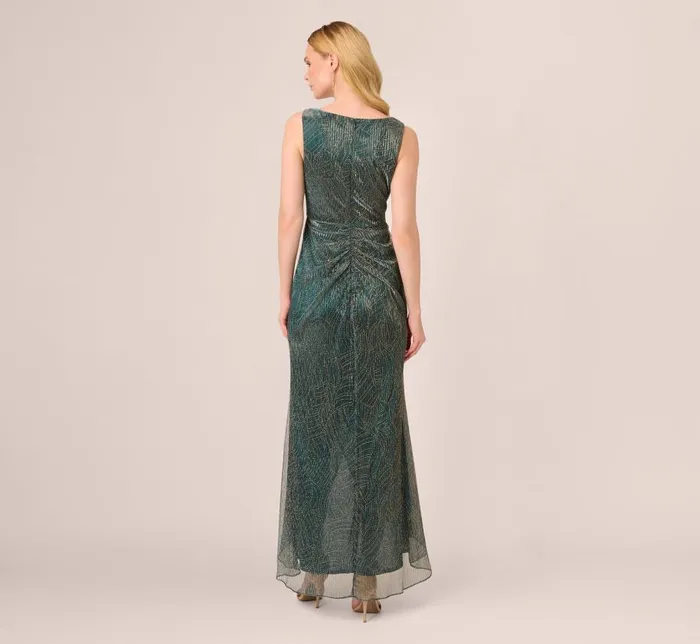 Long Dresses Womens Adrianna Papell Metallic Mesh Faux Wrap Gown With Ruffle Accents In Evergreen