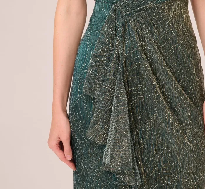 Long Dresses Womens Adrianna Papell Metallic Mesh Faux Wrap Gown With Ruffle Accents In Evergreen