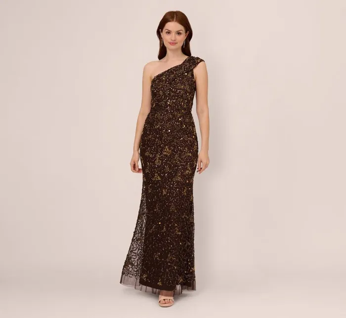 Long Dresses Womens Adrianna Papell One Shoulder Beaded Mermaid Gown In Chocolate