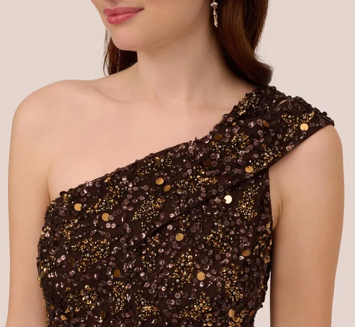 Long Dresses Womens Adrianna Papell One Shoulder Beaded Mermaid Gown In Chocolate