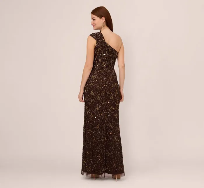 Long Dresses Womens Adrianna Papell One Shoulder Beaded Mermaid Gown In Chocolate