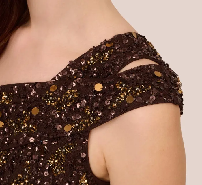 Long Dresses Womens Adrianna Papell One Shoulder Beaded Mermaid Gown In Chocolate
