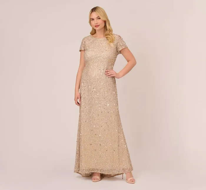 Long Dresses Womens Adrianna Papell Plus Size Scoop Back Sequin Gown In Champagne
