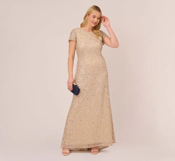 Long Dresses Womens Adrianna Papell Plus Size Scoop Back Sequin Gown In Champagne