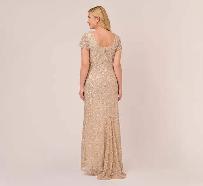 Long Dresses Womens Adrianna Papell Plus Size Scoop Back Sequin Gown In Champagne