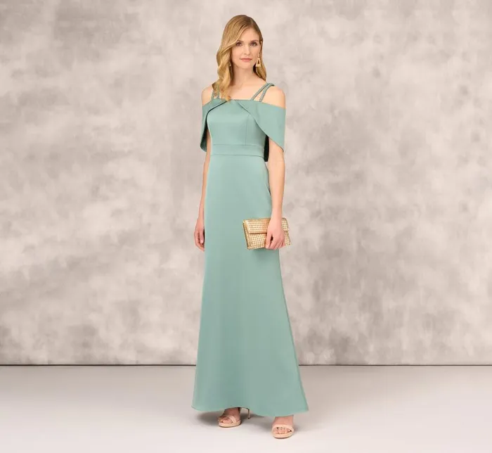 Long Dresses Womens Adrianna Papell Satin Crepe Column Gown With Beaded Double Strap Details In Green Slate Long Dresses Womens Adrianna Papell Satin Crepe Column Gown With Beaded Double Strap Details In Green Slate